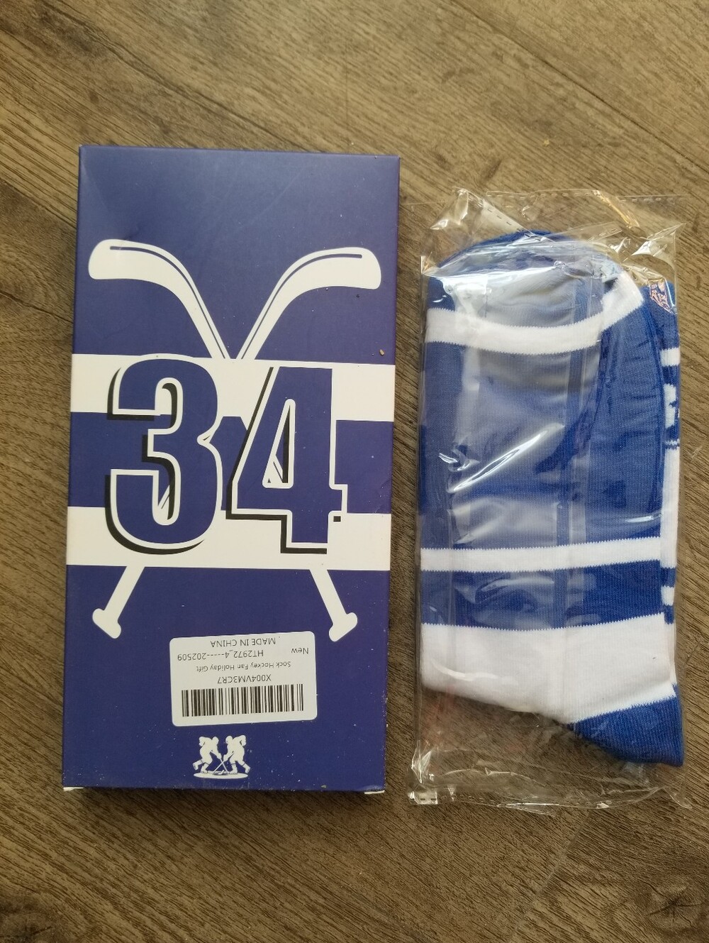 Blue & White Hockey Socks with Player Graphic - Picture 2 of 2